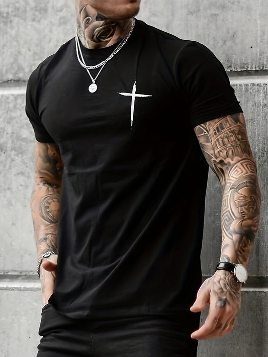 Men's Cross Print Pattern T-shirt - Comfortable Summer Wear Suitable For Casual And Nightwear